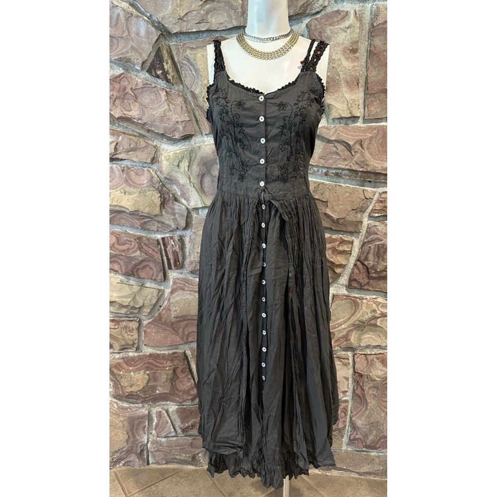 Fairycore Black Embroidered Button-Front Midi Dress